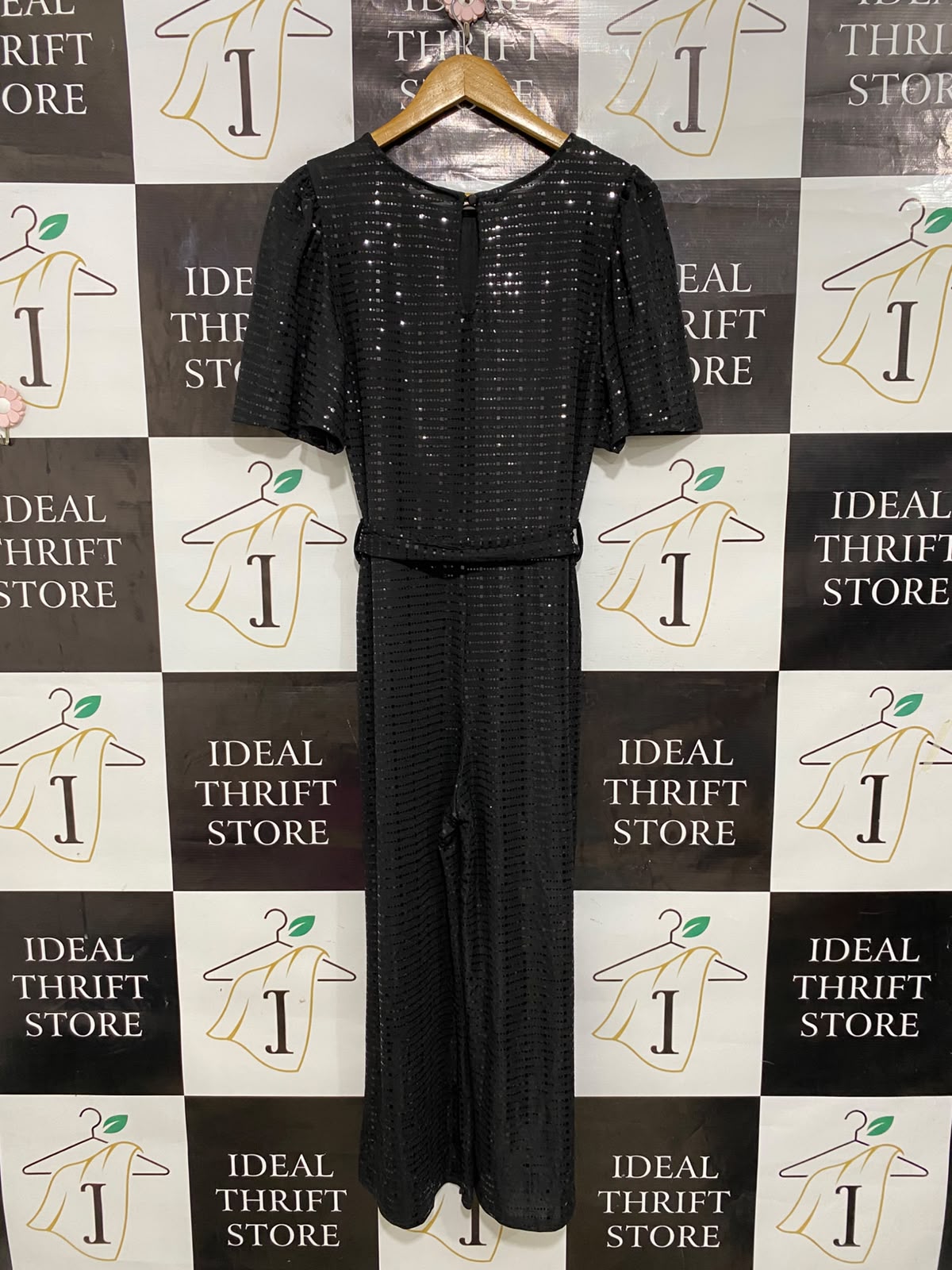 PEACOCKS |M| BUST 18| A28| BLACK SEQUIN STRIPE SHORT-SLEEVE WIDE-LEG JUMPSUIT WITH TIE WAIST