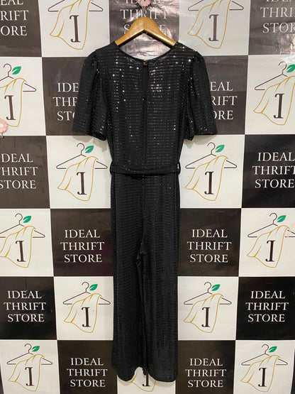 PEACOCKS |M| BUST 18| A28| BLACK SEQUIN STRIPE SHORT-SLEEVE WIDE-LEG JUMPSUIT WITH TIE WAIST