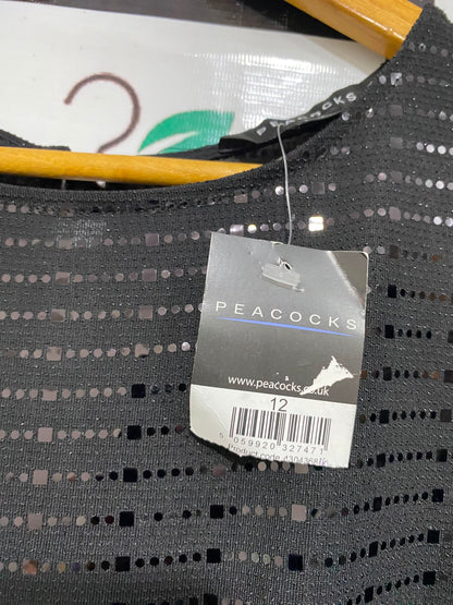 PEACOCKS |M| BUST 18| A28| BLACK SEQUIN STRIPE SHORT-SLEEVE WIDE-LEG JUMPSUIT WITH TIE WAIST