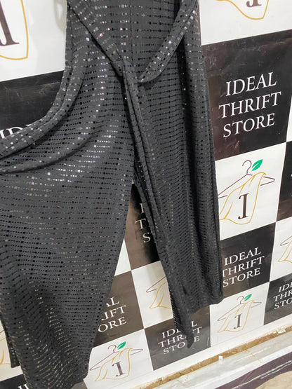 PEACOCKS |M| BUST 18| A28| BLACK SEQUIN STRIPE SHORT-SLEEVE WIDE-LEG JUMPSUIT WITH TIE WAIST