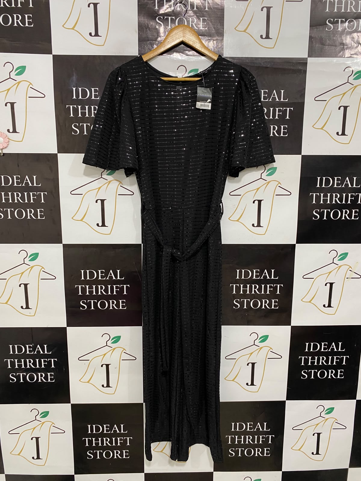 PEACOCKS |M| BUST 18| A28| BLACK SEQUIN STRIPE SHORT-SLEEVE WIDE-LEG JUMPSUIT WITH TIE WAIST