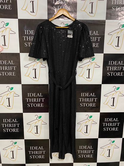 PEACOCKS |M| BUST 18| A28| BLACK SEQUIN STRIPE SHORT-SLEEVE WIDE-LEG JUMPSUIT WITH TIE WAIST