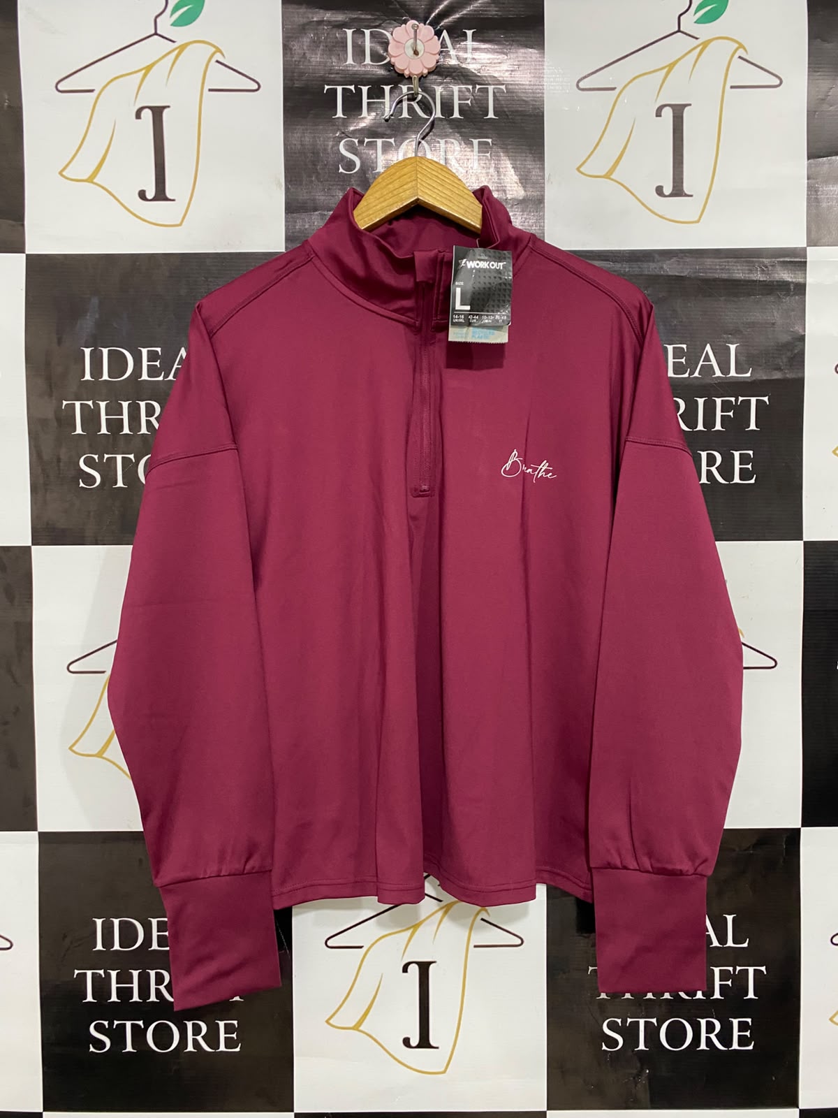 PRIMARK CARES |L| BUST 22| A28| BERRY PINK HALF-ZIP ATHLETIC LONG-SLEEVE TOP WITH THUMBHOLE CUFFS