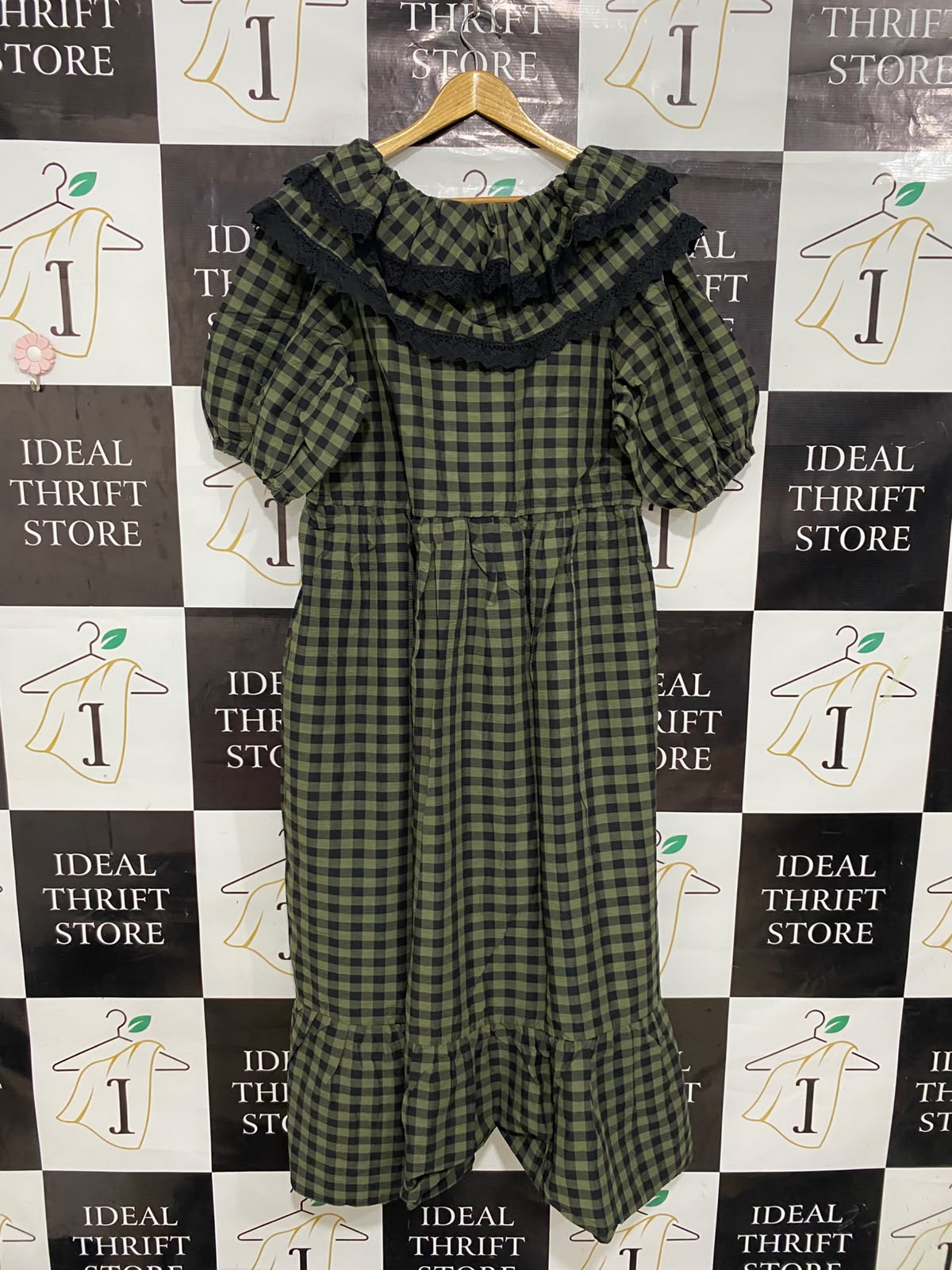 MOLBY |L| BUST 21| A28| OLIVE GREEN & BLACK GINGHAM CHECK V-NECK RUFFLE MIDI DRESS