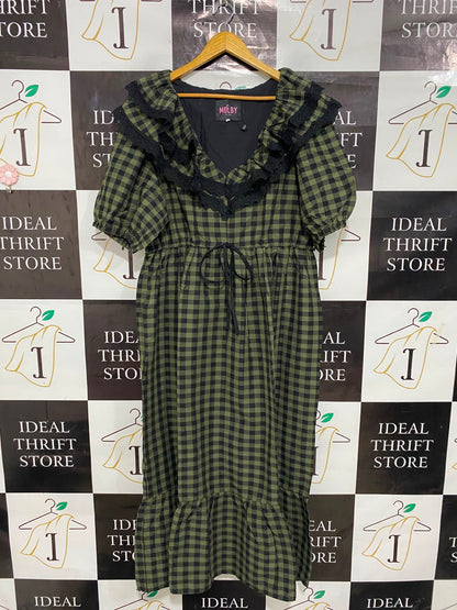 MOLBY |L| BUST 21| A28| OLIVE GREEN & BLACK GINGHAM CHECK V-NECK RUFFLE MIDI DRESS