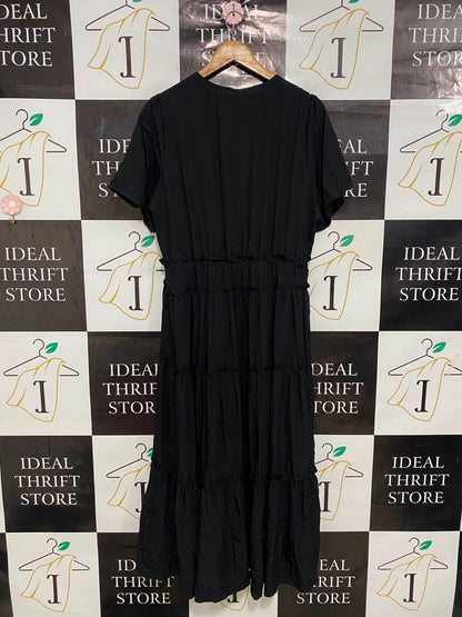 HENG NI |XL| BUST 20| A28| CLASSIC BLACK V-NECK RFFLED TIERED SHORT-SLEEVE MIDI DRESS