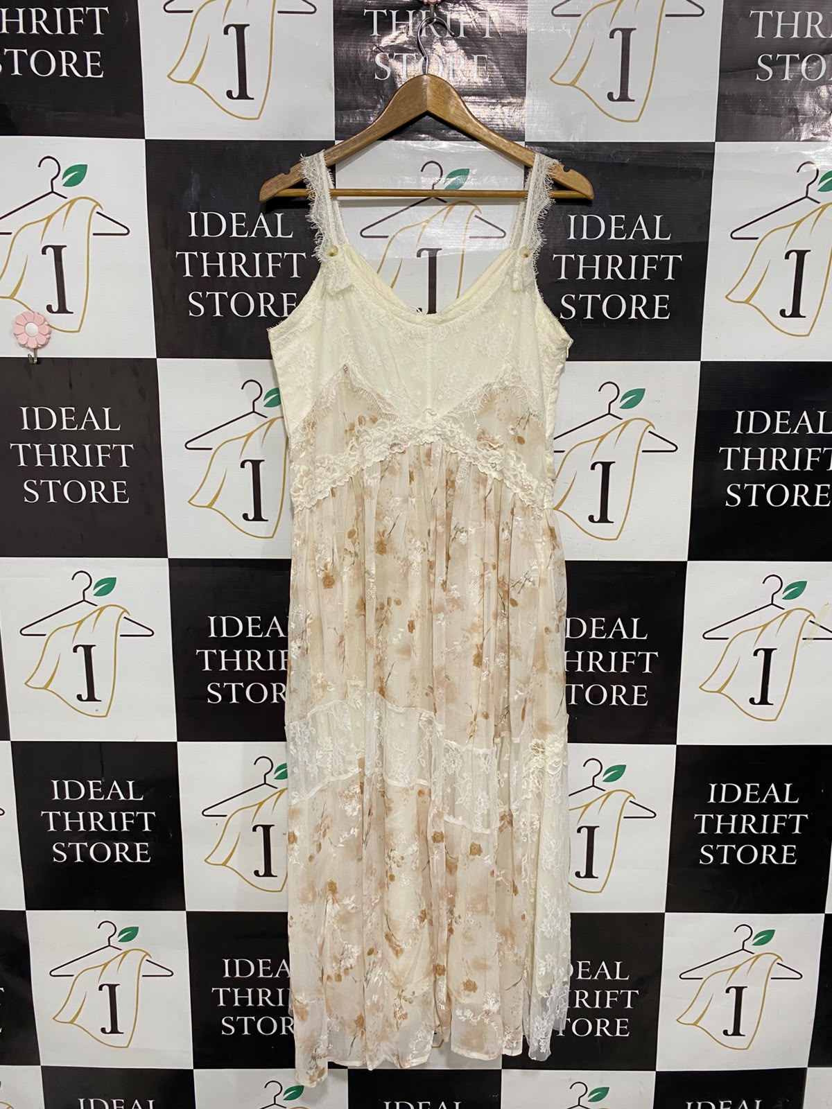YUNSHANG |L| BUST 19| A28| CREAM & SOFT BROWN FLORAL LACE-TRIM PATCHWORK SLIP MIDI DRESS