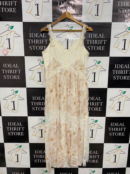 YUNSHANG |L| BUST 19| A28| CREAM & SOFT BROWN FLORAL LACE-TRIM PATCHWORK SLIP MIDI DRESS