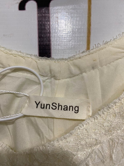 YUNSHANG |L| BUST 19| A28| CREAM & SOFT BROWN FLORAL LACE-TRIM PATCHWORK SLIP MIDI DRESS