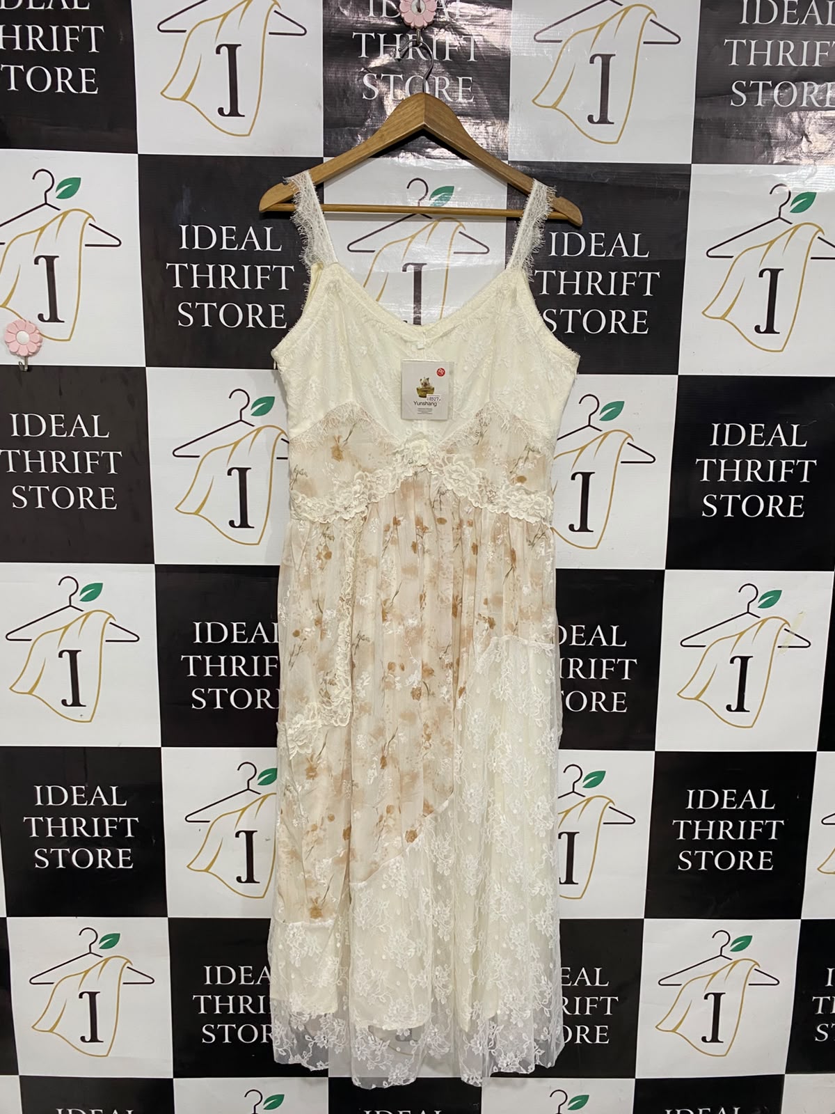 YUNSHANG |L| BUST 19| A28| CREAM & SOFT BROWN FLORAL LACE-TRIM PATCHWORK SLIP MIDI DRESS