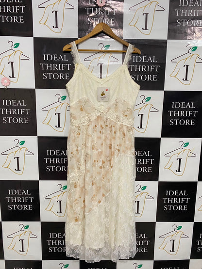 YUNSHANG |L| BUST 19| A28| CREAM & SOFT BROWN FLORAL LACE-TRIM PATCHWORK SLIP MIDI DRESS