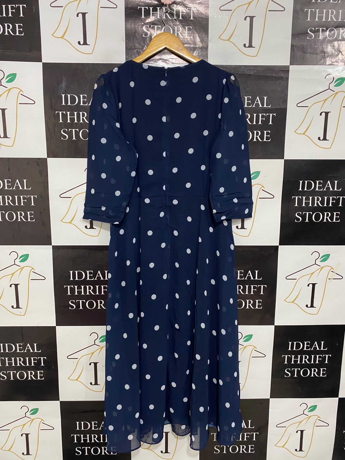 ROMAN |L| BUST 20| A28| NAVY BLUE & WHITE POLKA DOT 3/4 SLEEVE MIDI DRESS