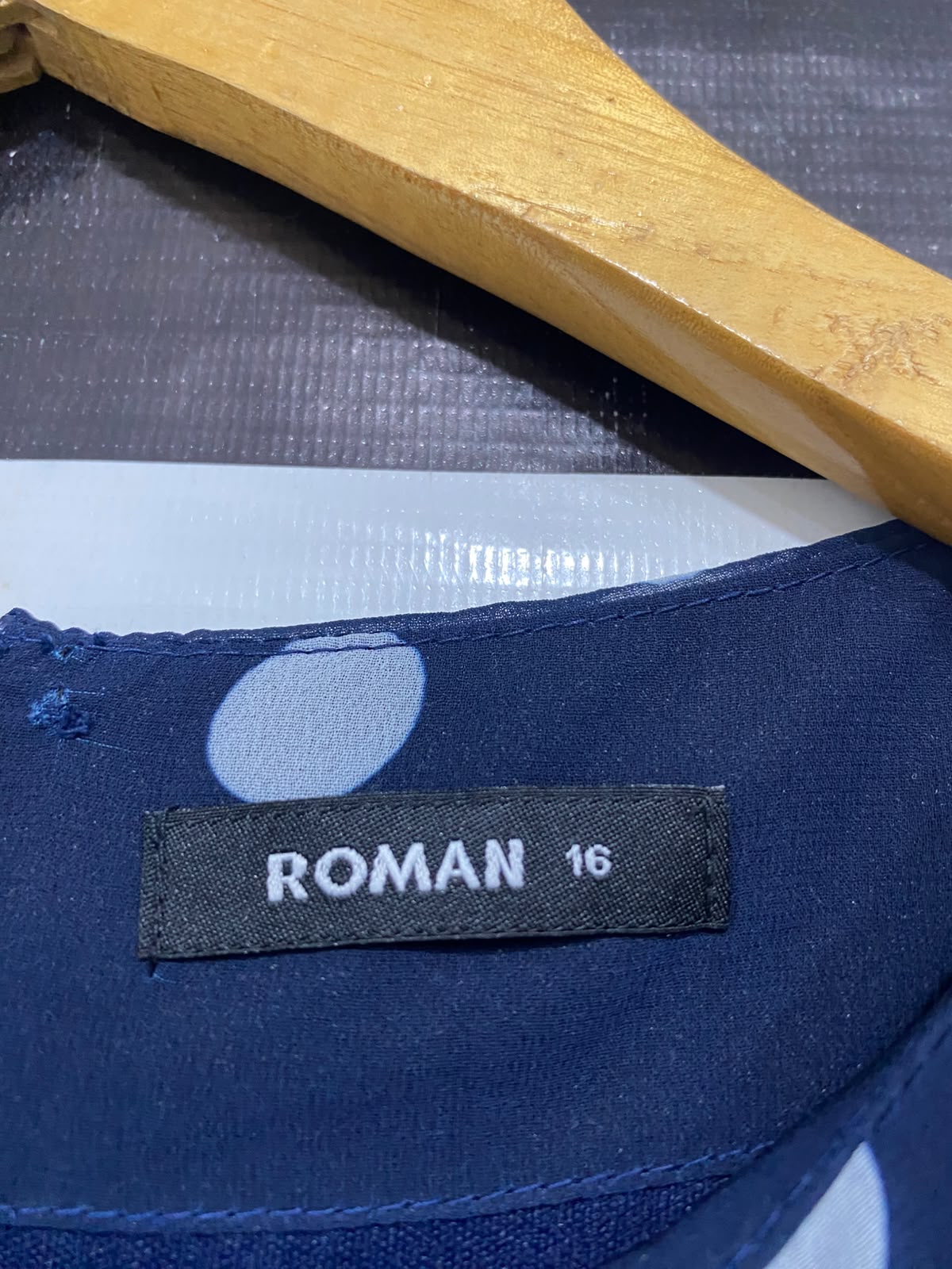 ROMAN |L| BUST 20| A28| NAVY BLUE & WHITE POLKA DOT 3/4 SLEEVE MIDI DRESS
