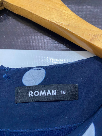 ROMAN |L| BUST 20| A28| NAVY BLUE & WHITE POLKA DOT 3/4 SLEEVE MIDI DRESS