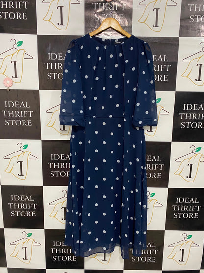 ROMAN |L| BUST 20| A28| NAVY BLUE & WHITE POLKA DOT 3/4 SLEEVE MIDI DRESS