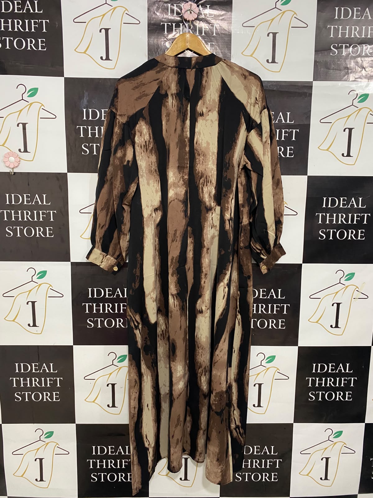 |XL| BUST 23| A28| BROWN, BLACK & CREAM ABSTRACT STRIATED PRINT LONG-SLEEVE MIDI DRESS