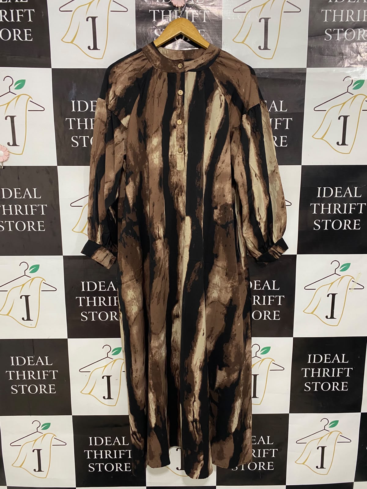 |XL| BUST 23| A28| BROWN, BLACK & CREAM ABSTRACT STRIATED PRINT LONG-SLEEVE MIDI DRESS