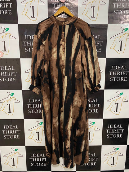 |XL| BUST 23| A28| BROWN, BLACK & CREAM ABSTRACT STRIATED PRINT LONG-SLEEVE MIDI DRESS