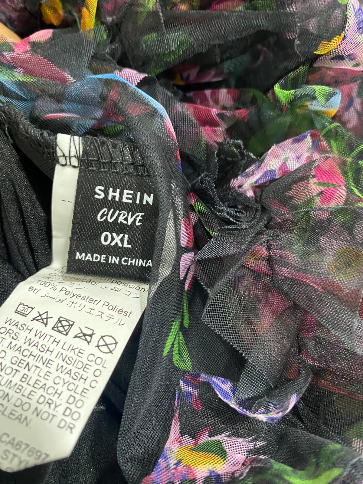 SHEIN CURVE |XL| WAIST 28| A27| BLACK & MULTICOLOR FLORAL RUFFLE MESH TIERED MIDI SKIRT