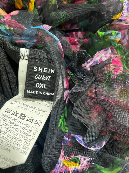 SHEIN CURVE |XL| WAIST 28| A27| BLACK & MULTICOLOR FLORAL RUFFLE MESH TIERED MIDI SKIRT