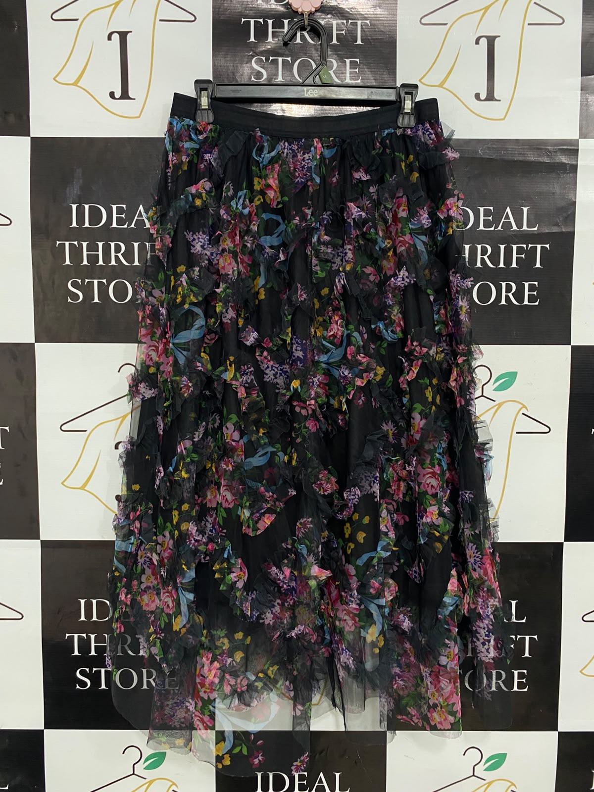 SHEIN CURVE |XL| WAIST 28| A27| BLACK & MULTICOLOR FLORAL RUFFLE MESH TIERED MIDI SKIRT