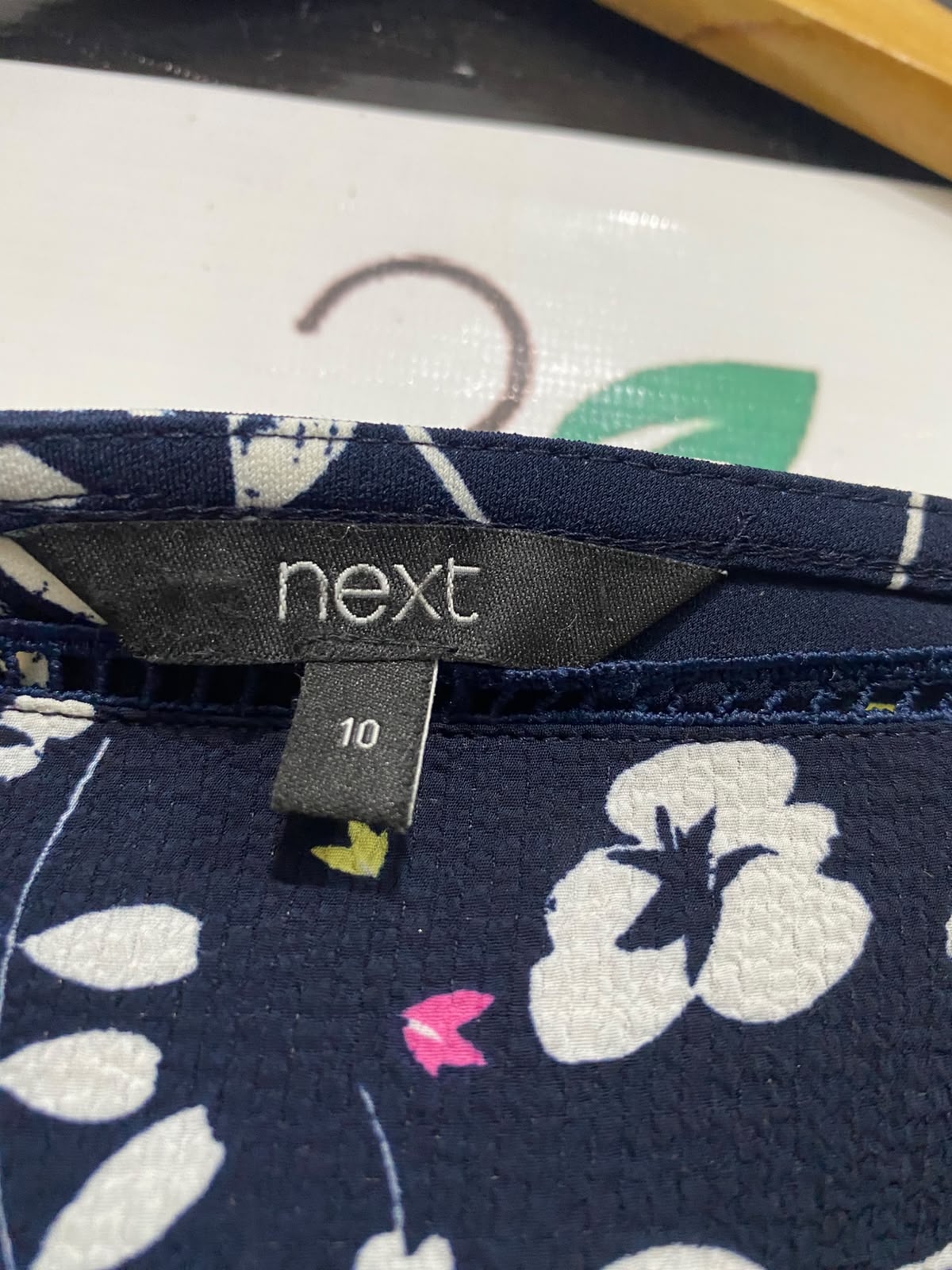 NEXT |M| BUST 19| A27| NAVY BLUE & WHITE BOTANICAL PRINT SQUARE-NECK LONG-SLEEVE BLOUSE