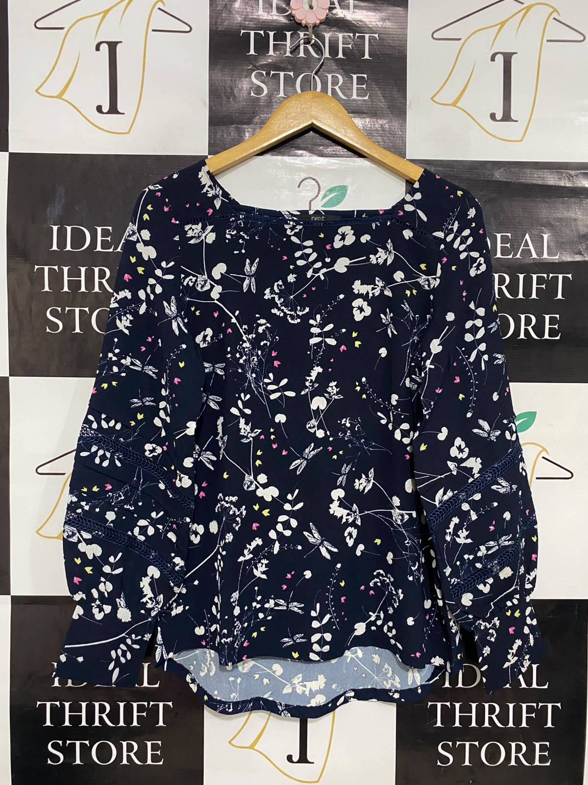NEXT |M| BUST 19| A27| NAVY BLUE & WHITE BOTANICAL PRINT SQUARE-NECK LONG-SLEEVE BLOUSE