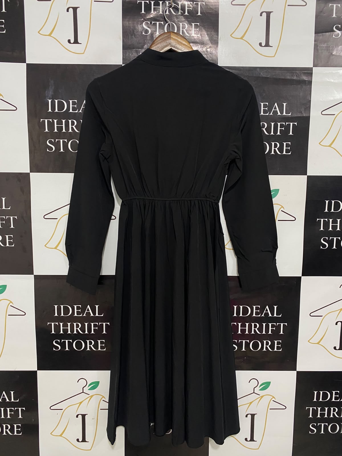 SHEIN |XS| BUST 16| A27| CLASSIC BLACK STAND-COLLAR V-NECK LONG-SLEEVE MIDI DRESS