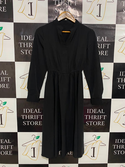 SHEIN |XS| BUST 16| A27| CLASSIC BLACK STAND-COLLAR V-NECK LONG-SLEEVE MIDI DRESS