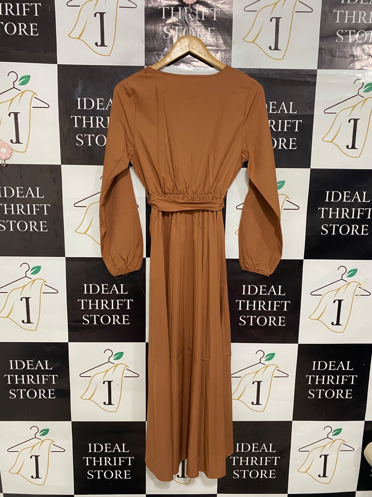 |S| BUST 16| A27| CARAMEL BROWN WRAP-STYLE LONG-SLEEVE TIE-WAIST MIDI DRESS
