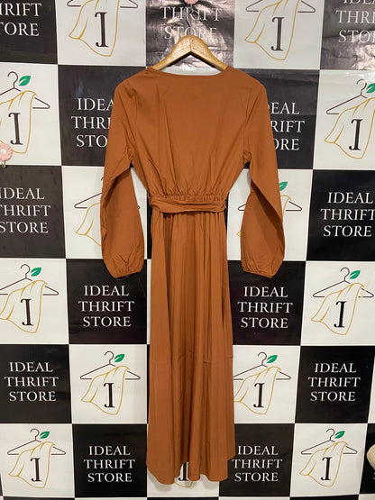 |S| BUST 16| A27| CARAMEL BROWN WRAP-STYLE LONG-SLEEVE TIE-WAIST MIDI DRESS
