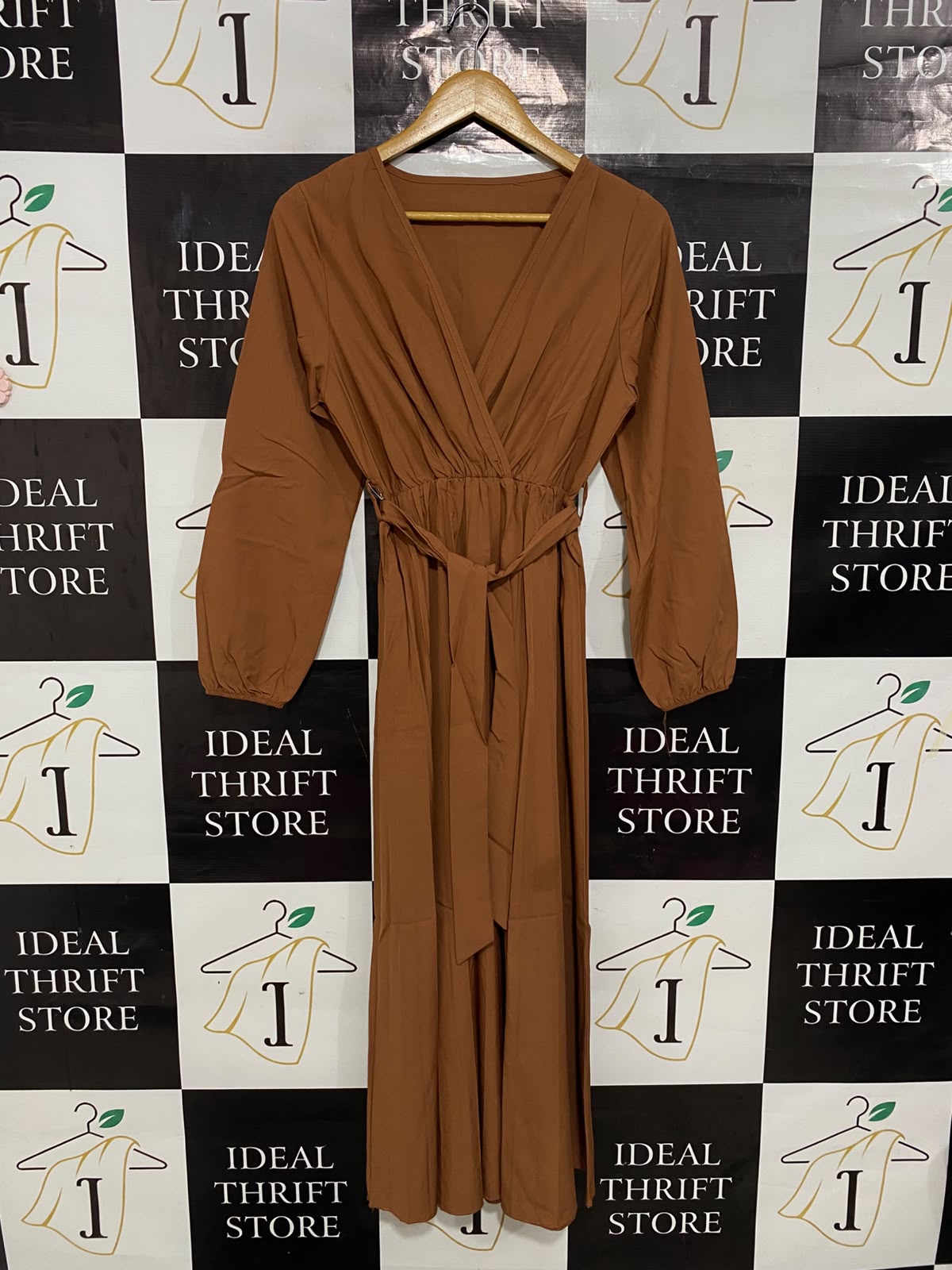 |S| BUST 16| A27| CARAMEL BROWN WRAP-STYLE LONG-SLEEVE TIE-WAIST MIDI DRESS