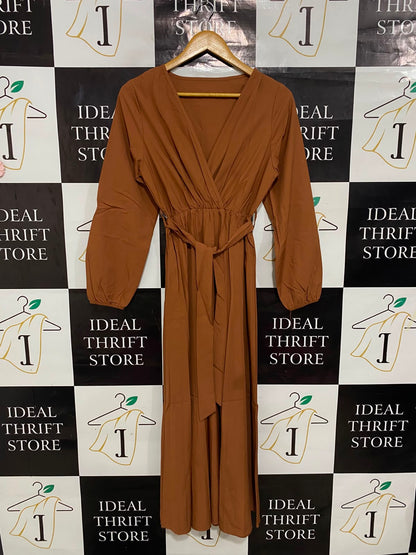 |S| BUST 16| A27| CARAMEL BROWN WRAP-STYLE LONG-SLEEVE TIE-WAIST MIDI DRESS