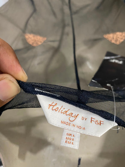 F&F |L| BUST 24| A27| BLACK & COPPER EMBROIDERED MESH OPEN-FRONT KIMONO CARDIGAN