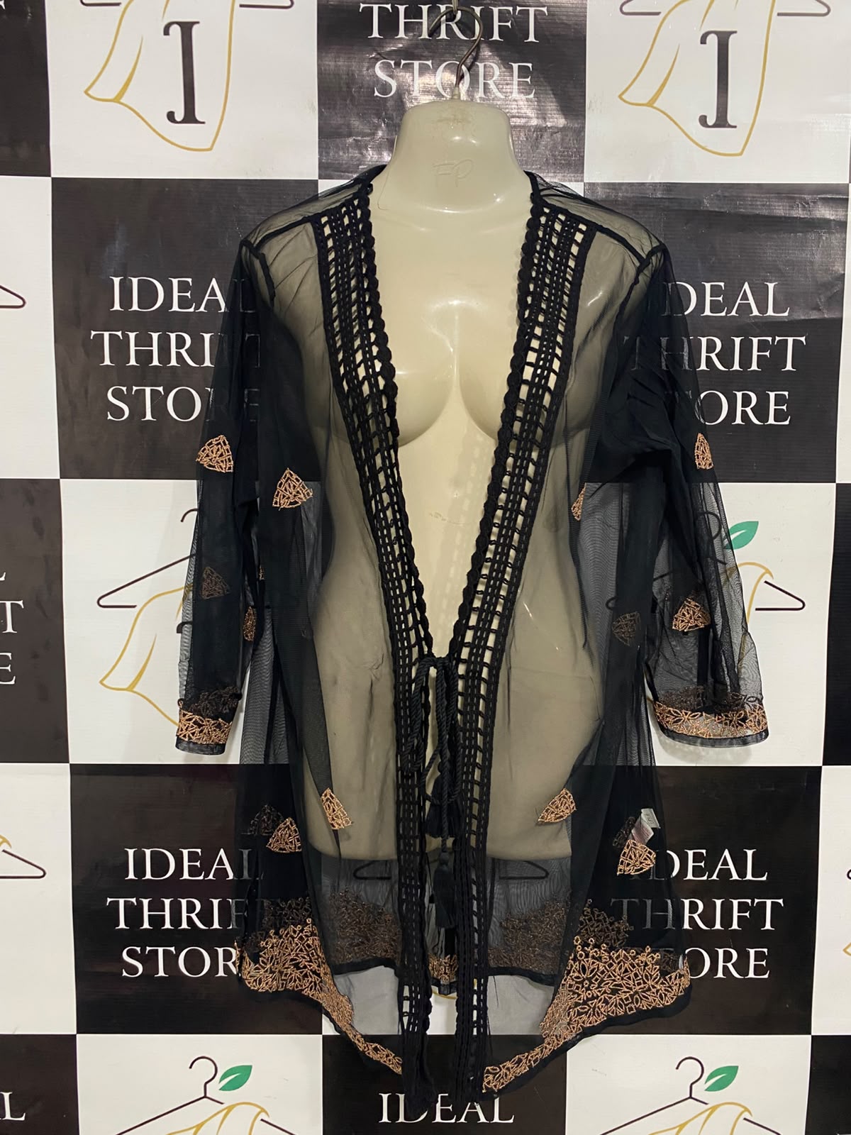 F&F |L| BUST 24| A27| BLACK & COPPER EMBROIDERED MESH OPEN-FRONT KIMONO CARDIGAN