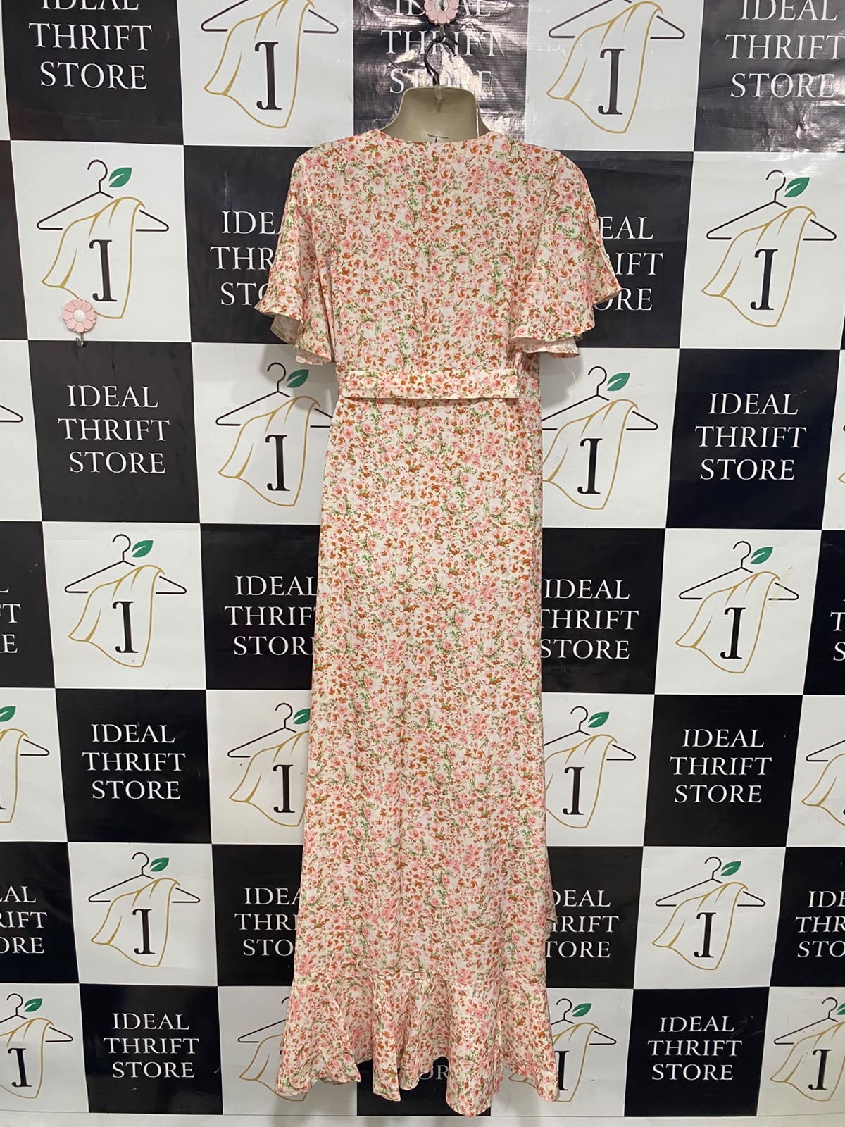BOOHOO |M| BUST 18| A27| BLUSH PINK & ORANGE FLORAL WRAP-STYLE RUFFLE MIDI DRESS