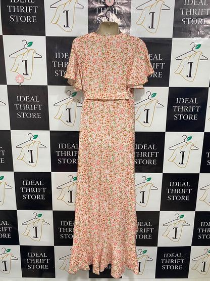 BOOHOO |M| BUST 18| A27| BLUSH PINK & ORANGE FLORAL WRAP-STYLE RUFFLE MIDI DRESS