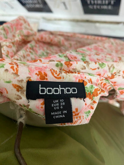 BOOHOO |M| BUST 18| A27| BLUSH PINK & ORANGE FLORAL WRAP-STYLE RUFFLE MIDI DRESS