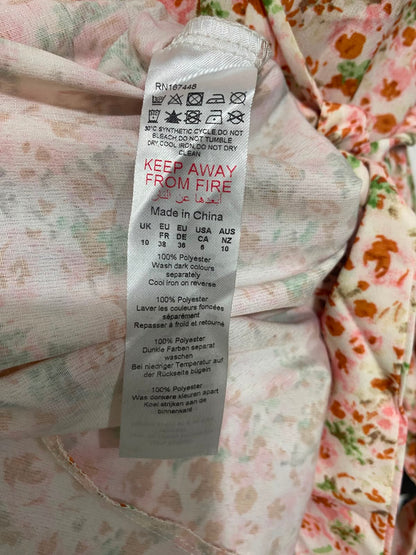 BOOHOO |M| BUST 18| A27| BLUSH PINK & ORANGE FLORAL WRAP-STYLE RUFFLE MIDI DRESS