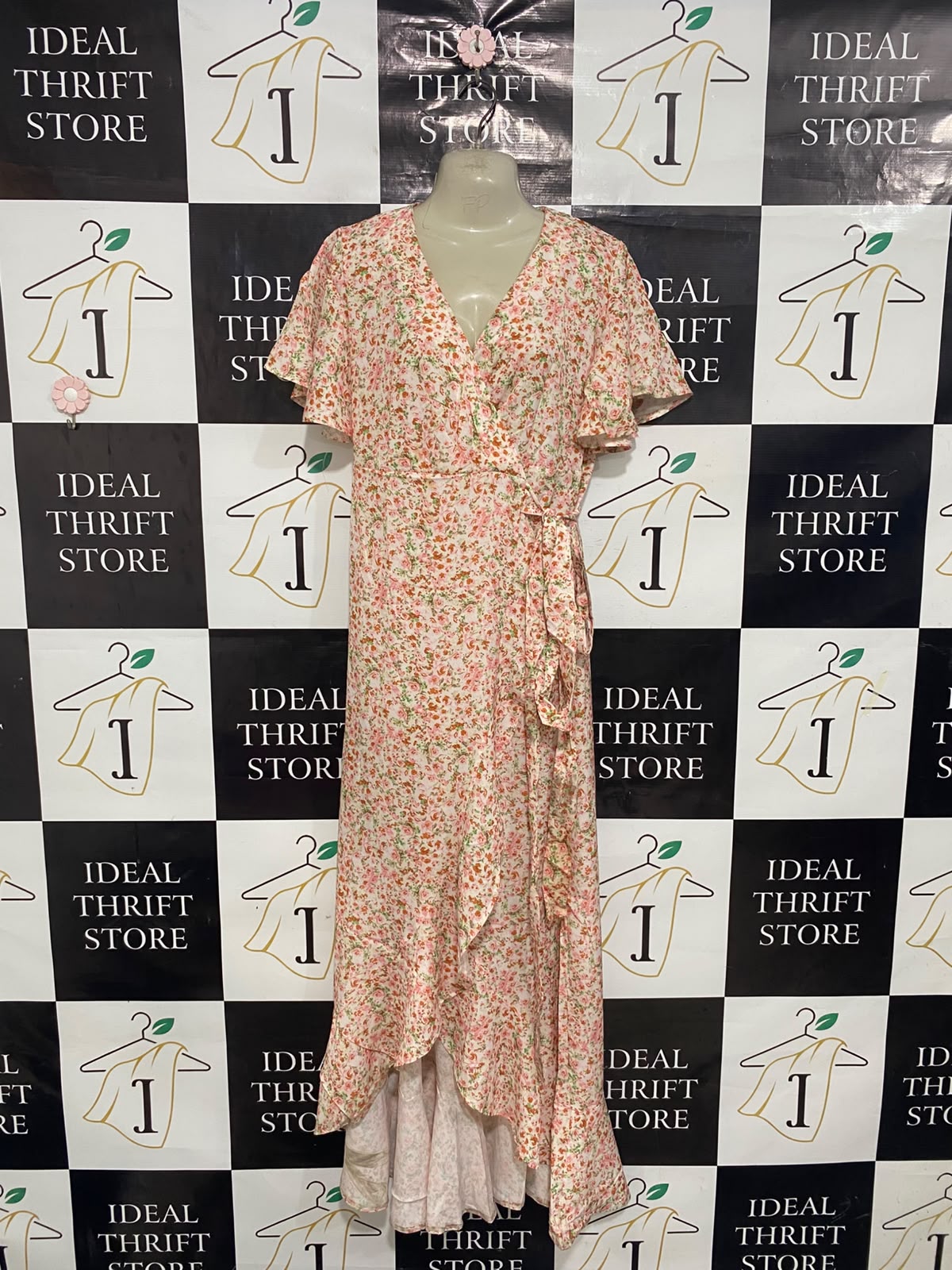 BOOHOO |M| BUST 18| A27| BLUSH PINK & ORANGE FLORAL WRAP-STYLE RUFFLE MIDI DRESS