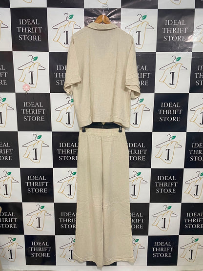 BOOHOO |M| A27| BEIGE CAMP-COLLAR SHORT-SLEEVE SHIRT & WIDE-LEG PANTS LOUNGE SET