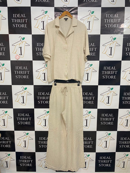 BOOHOO |M| A27| BEIGE CAMP-COLLAR SHORT-SLEEVE SHIRT & WIDE-LEG PANTS LOUNGE SET