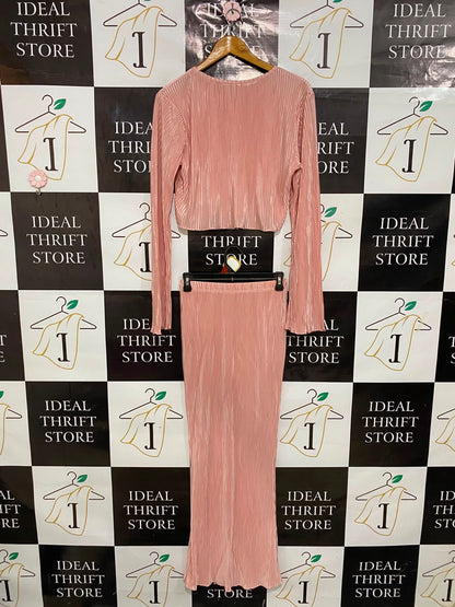SHEIN |XS| A27| DUSTY ROSE PLISÉ PLEATED LONG-SLEEVE CROP TOP & MIDI SKIRT SET