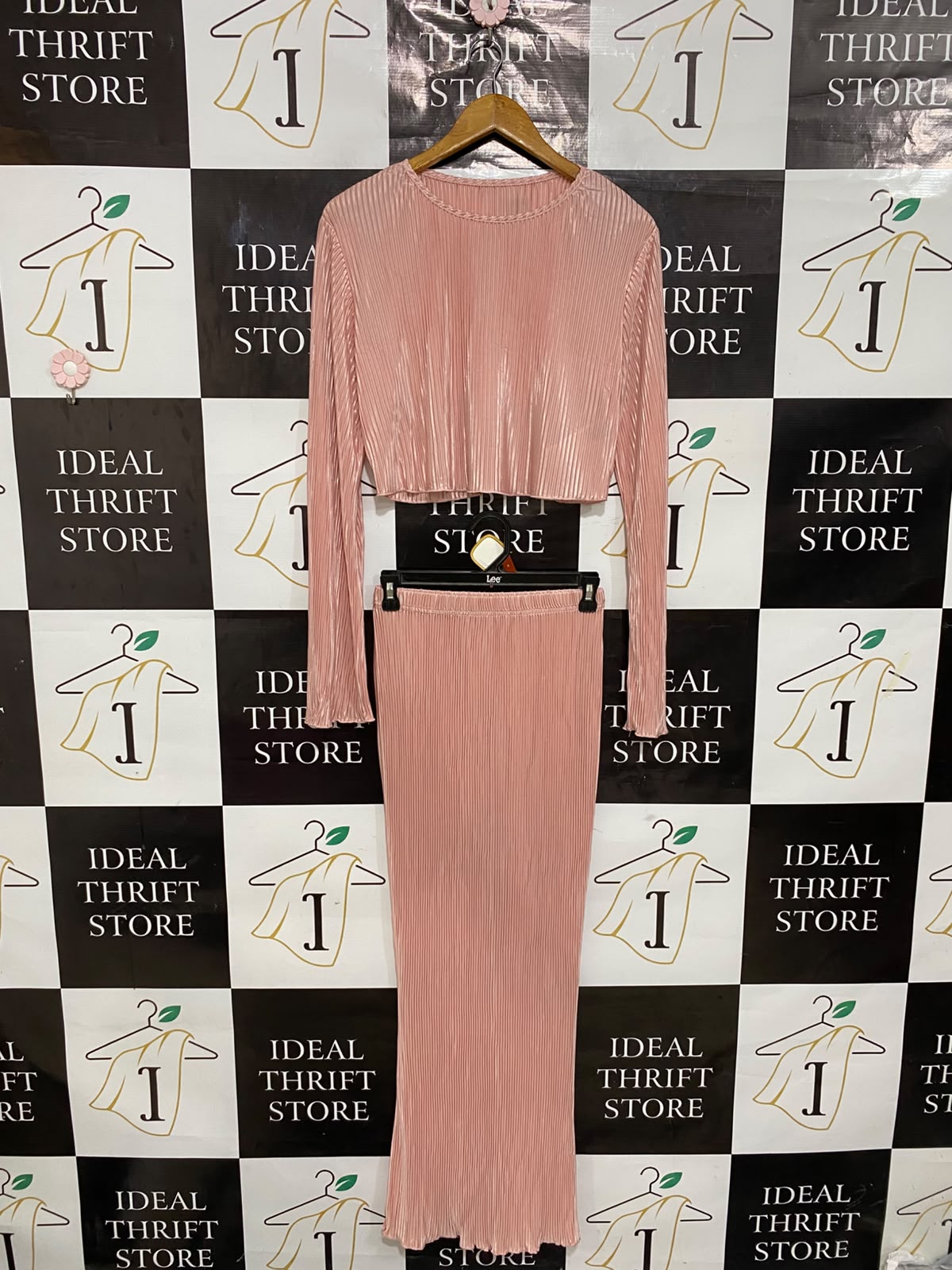 SHEIN |XS| A27| DUSTY ROSE PLISÉ PLEATED LONG-SLEEVE CROP TOP & MIDI SKIRT SET