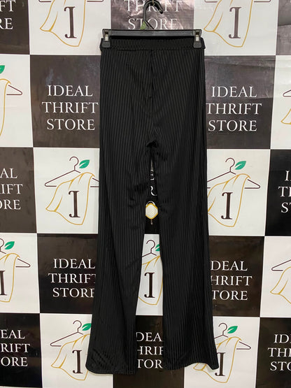 |S/M| WAIST 24| A27| CLASSIC BLACK RIBBED WIDE-LEG TROUSERS WITH TIE-BELT