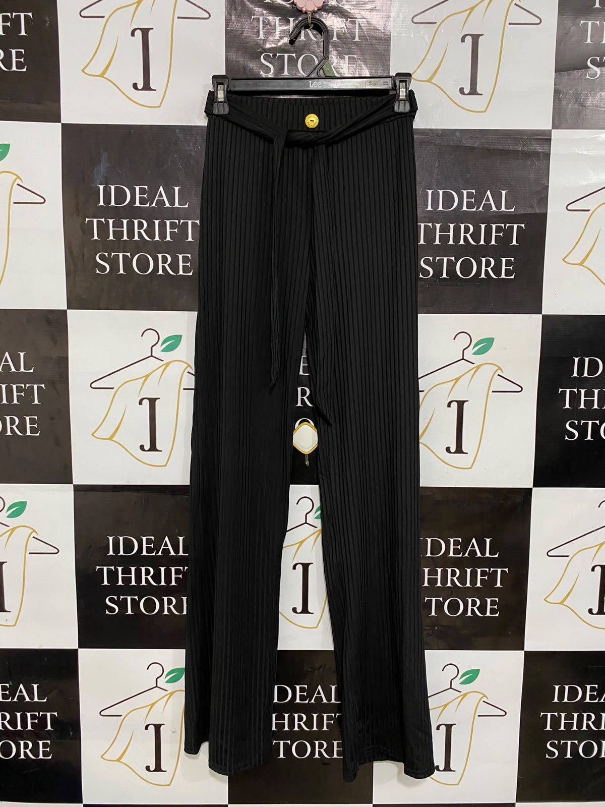 |S/M| WAIST 24| A27| CLASSIC BLACK RIBBED WIDE-LEG TROUSERS WITH TIE-BELT