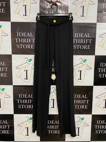 |S/M| WAIST 24| A27| CLASSIC BLACK RIBBED WIDE-LEG TROUSERS WITH TIE-BELT