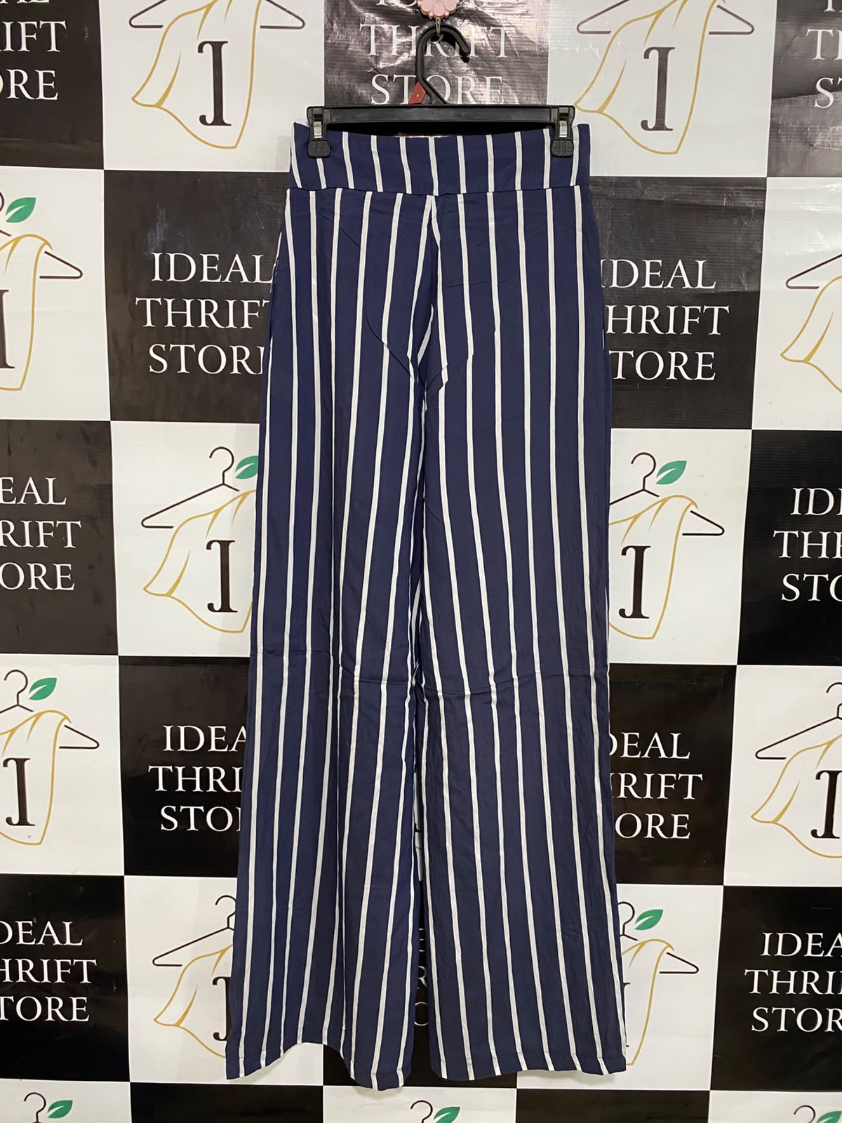 |M| WAIST 26| A27| NAVY BLUE & WHITE VERTICAL STRIPED WIDE-LEG TROUSERS