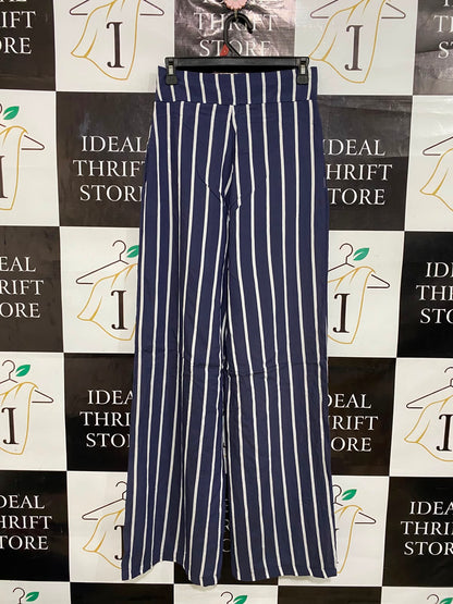 |M| WAIST 26| A27| NAVY BLUE & WHITE VERTICAL STRIPED WIDE-LEG TROUSERS