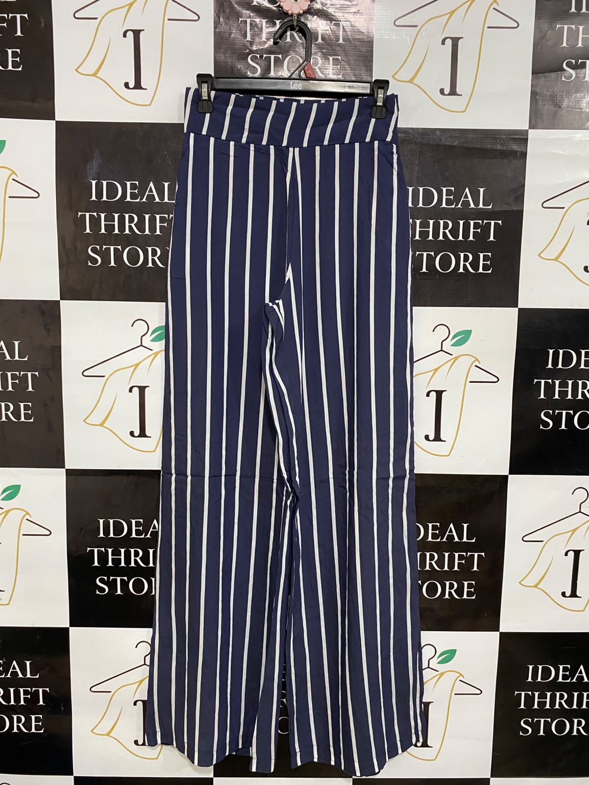 |M| WAIST 26| A27| NAVY BLUE & WHITE VERTICAL STRIPED WIDE-LEG TROUSERS